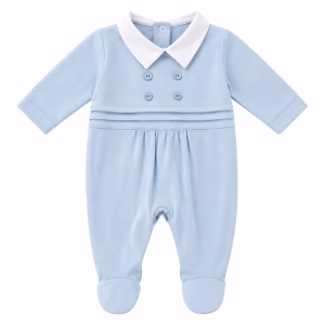 Babypakje in kobaltblauw met wit kraagje en knoopjes.